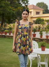 Royal Blue Floral Fit & Flare Kurti Short Kurti
