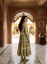 Elegant Beige & Green Traditional Print Long Dress