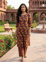 Kritasya Noor-e-Gul Maroon Cotton Suit Set With Cotton Dupatta