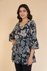 Midnight Blue Bloom Floral Tiered Short Kurti