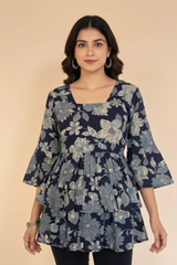 Midnight Blue Bloom Floral Tiered Short Kurti