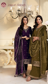 Twinkle green embroidered velvet suit set with velvet dupatta