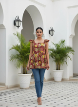 Autumn Rust Maroon Flared Printed Short Kurti