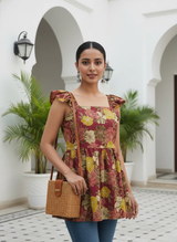Autumn Rust Maroon Flared Printed Short Kurti