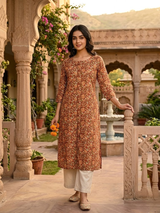 Saffron Vine Cotton A-Line Floral Print Kurti