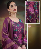 Sahara purple russian silk suit set with lace with zari dupatta