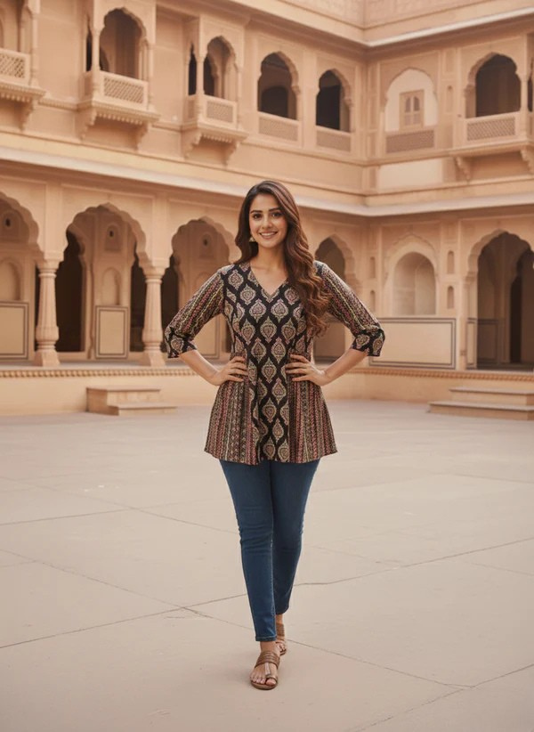 Royal Black Riwaayat Ethnic Buta Print Grace Short Kurti