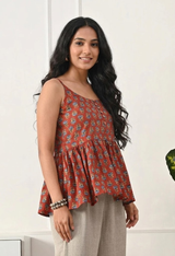 Aabroo Rust Vintage Bloom Cotton Short Kurti