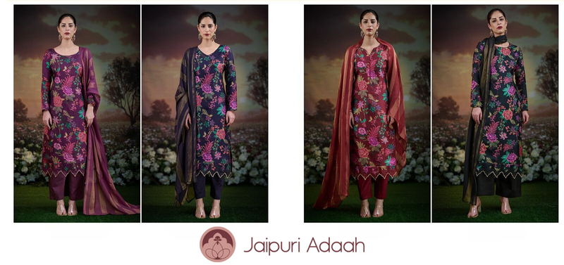 Sahara purple russian silk suit set with lace with zari dupatta