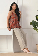 Aabroo Rust Vintage Bloom Cotton Short Kurti