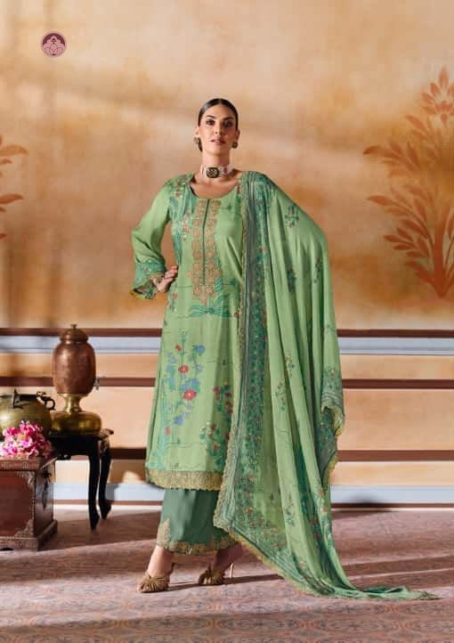 Rumani Light Green Pashmina Suit Set With Appliqué Work With Chinnon Dupatta