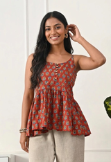 Aabroo Rust Vintage Bloom Cotton Short Kurti