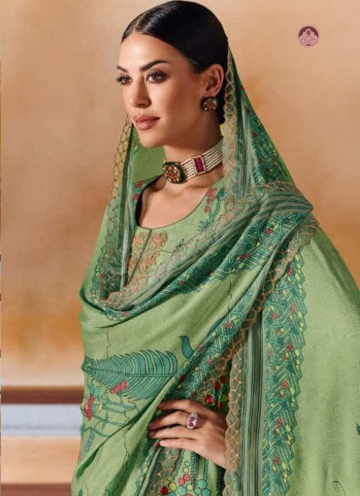 Rumani Sage Green Pashmina Suit Set With Appliqué Work With Chinnon Dupatta