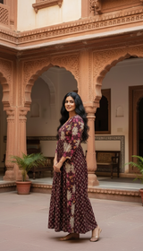 Mehroon Noor Aangan Traditional Floral Grace Long Kurti