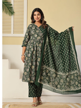 Aafreen Aura Festive Green Cotton Suit Set with Cotton Dupatta