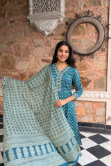 AarohiTeal Heritage Print Suit Set with Mul Cotton Dupatta