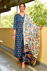 Bashir Blue Handblock Cotton Pleated Straight Suit Set (Plus Size)