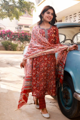 Rachida Red Embroidery Handblock Chanderi Suit Set