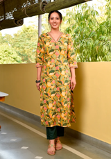 Yaseera Yellow Handblock Cotton Straight Jaal Kurta