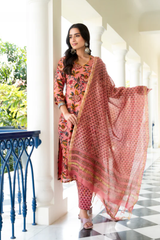 Parnia Peach Embroidery Handblock Chanderi Suit Set