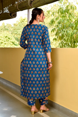 Bashir Blue Handblock Cotton Pleated Straight Suit Set (Plus Size)