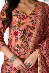 Parnia Peach Embroidery Handblock Chanderi Suit Set