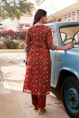 Rachida Red Embroidery Handblock Chanderi Suit Set