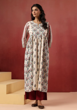 Ivory Traditional Booti Print Gathered Kurti