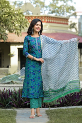 Gulnaaz Green Embroidered Handblock Chanderi Suit Set