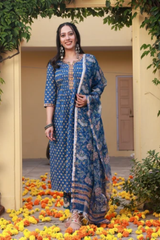 Badrah Blue Handblock Cotton Pleated Straight Suit Set with Kotadoriya Dupatta