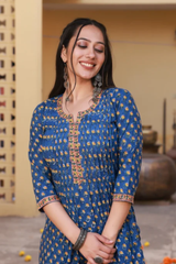 Badrah Blue Handblock Cotton Pleated Straight Suit Set with Kotadoriya Dupatta