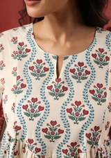 Ivory Traditional Booti Print Gathered Kurti