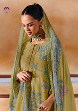 Rumani Light Green Pashmina Suit Set With Appliqué Work With Chinnon Dupatta