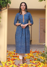 Badrah Blue Handblock Pleated Cotton Straight Kurta