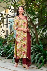 Gulbano Olive Green Floral Straight Kurta Pant Set