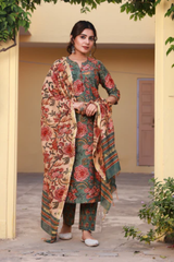 Goel Green Handblock Pintuck Straight Chanderi Suit Set