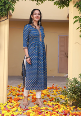 Badrah Blue Handblock Pleated Cotton Straight Kurta