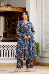 Izza Blue Floral Handblock Print Kurta Pant Set