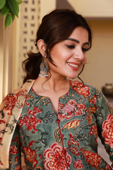 Goel Green Handblock Pintuck Straight Chanderi Suit Set