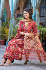 Rosheen Red Floral Block Print Embroidered Suit Set