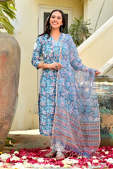 Badra Blue Floral Cotton Suit Set