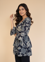 Midnight Blue Bloom Floral Tiered Short Kurti