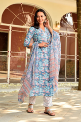 Banni Blue Cotton Straight Suit Set