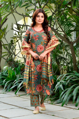 Gaeti Green Embroidery Handblock Chanderi Suit Set