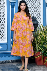 Marigold yellow floral cotton dress