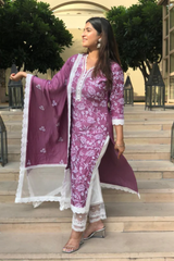 Plum White Lace Emroidered Silk Suit Set