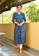 Bashir Blue Handblock Cotton Pleated Straight Buti Kurta