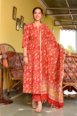Ranu Red Handblock Cotton Straight Suit Set