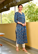 Bashir Blue Handblock Cotton Pleated Straight Buti Kurta