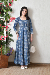 Aafreen Indigo Leher Mosaic Cotton Maxi Dress
